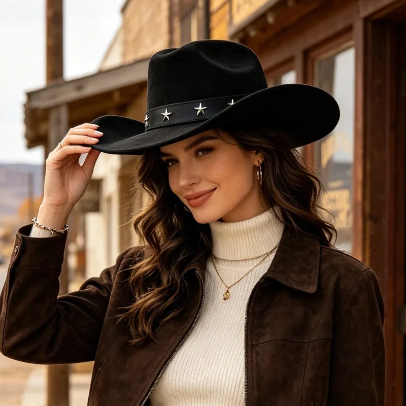 Fedora Hat Wool - 女性用ホットセールワイドブリムカウボーイハット ファッションフェルトフェドラ 四季対応ヴィンテージウールキャップ EU US