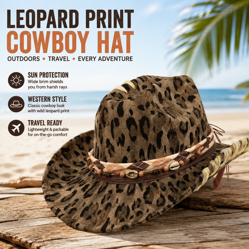 Cowboy Hat Straw - レオパード柄ウエスタンカウボーイハット アウトドア日よけ ナイトキャップ 旅行用サンハット ヴィンテージ装飾フェドラ 軽量