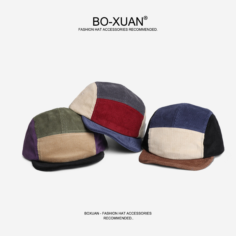 Corduroy Cap 5 Panel - レトロなショートブリムのコーデュロイベースボールキャップ、ロゴのカスタマイズ可能、春・秋向けカジュアル多用途、カラーマッチング5パネルメンズハット