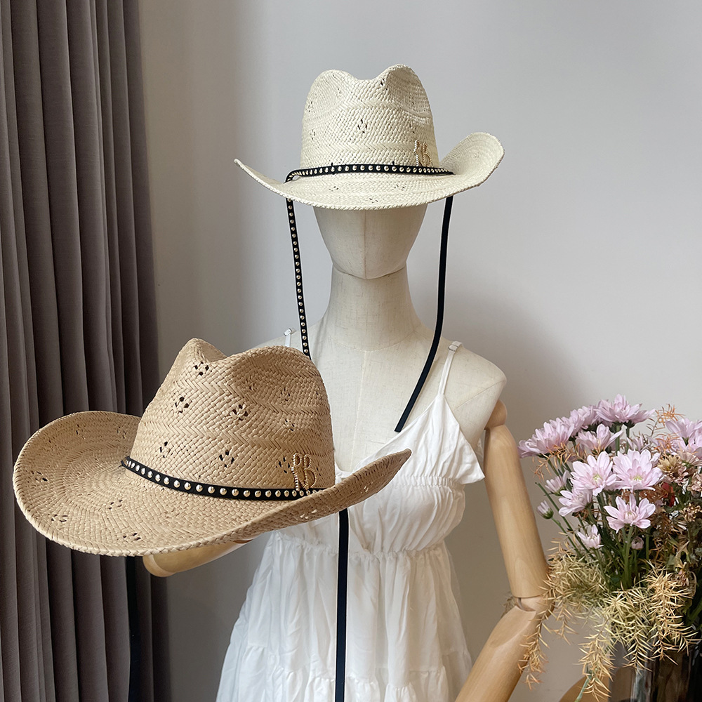 新しいつば広カウボーイ麦わら帽子レターデザインサンキャップビ - Cowboy Hat Straw のレビューと価格