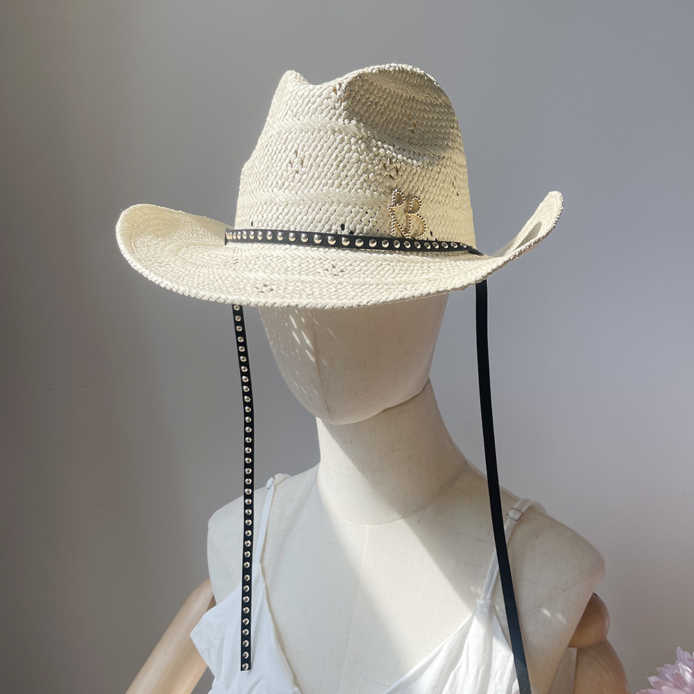 新しいつば広カウボーイ麦わら帽子レターデザインサンキャップビ - Cowboy Hat Straw のレビューと価格