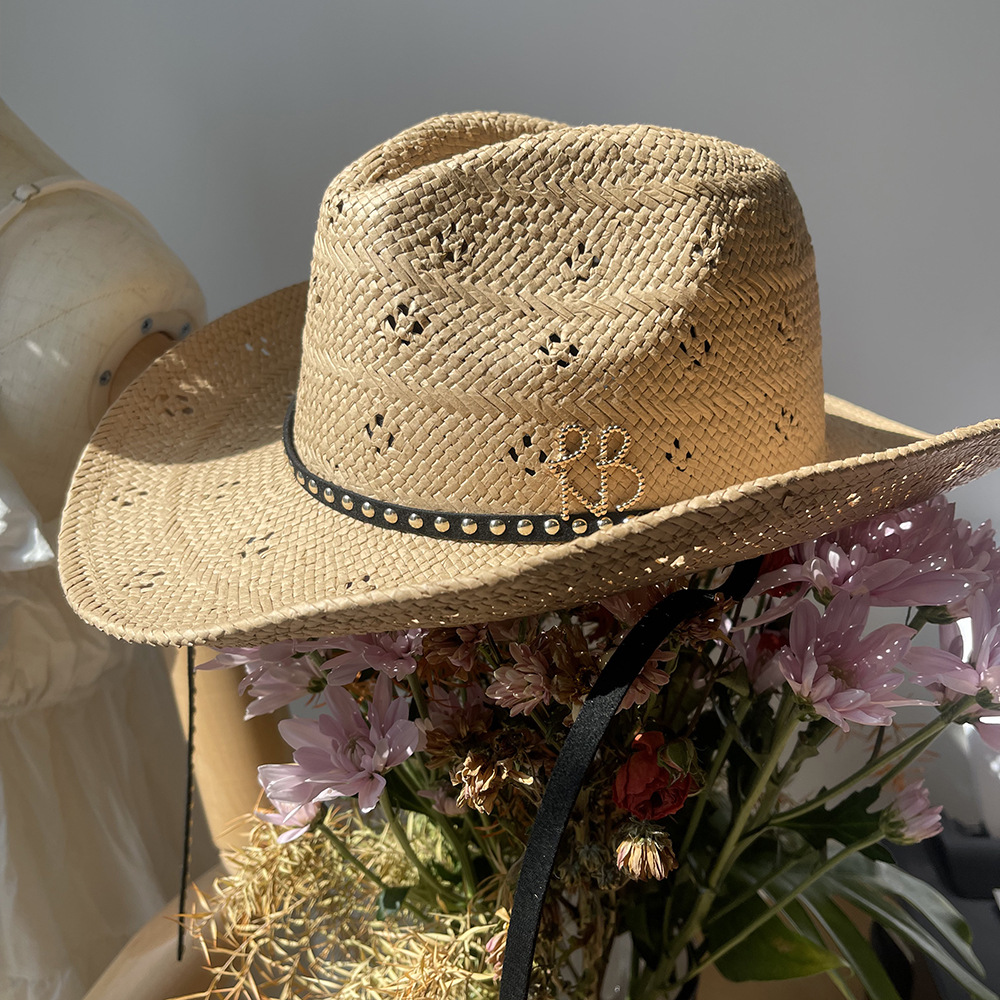 新しいつば広カウボーイ麦わら帽子レターデザインサンキャップビ - Cowboy Hat Straw のレビューと価格