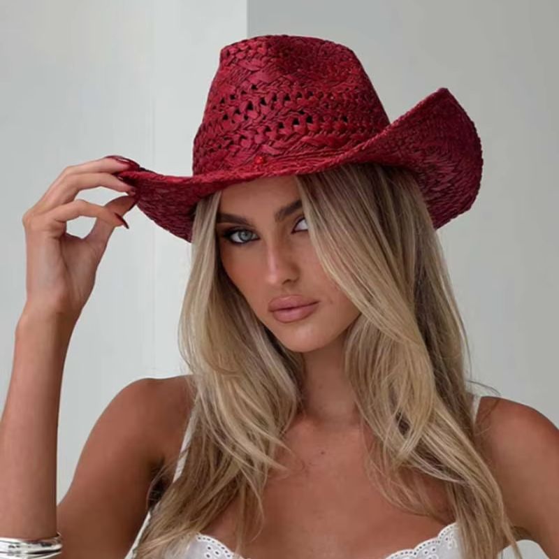 カウボーイハット赤手描き夏麦わら帽子男性と女性のカウボーイハ - Cowboy Hat Straw のレビューと価格